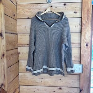 Vintage Wool Sweater Hoodie Unisex Large Taupe Brown Chunky Knit MCM Handmade
